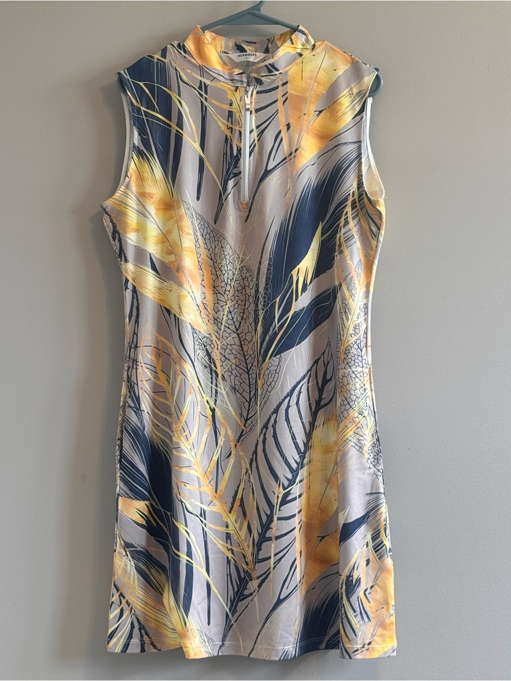 ACEGOLFS Tropical Leaf Golf Dress Sleeveless Mock Neck Large